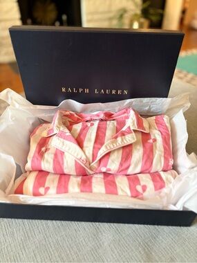 Lauren Ralph Lauren Pink Stripe Heart Logo 2 Piece Pajama Set Size L